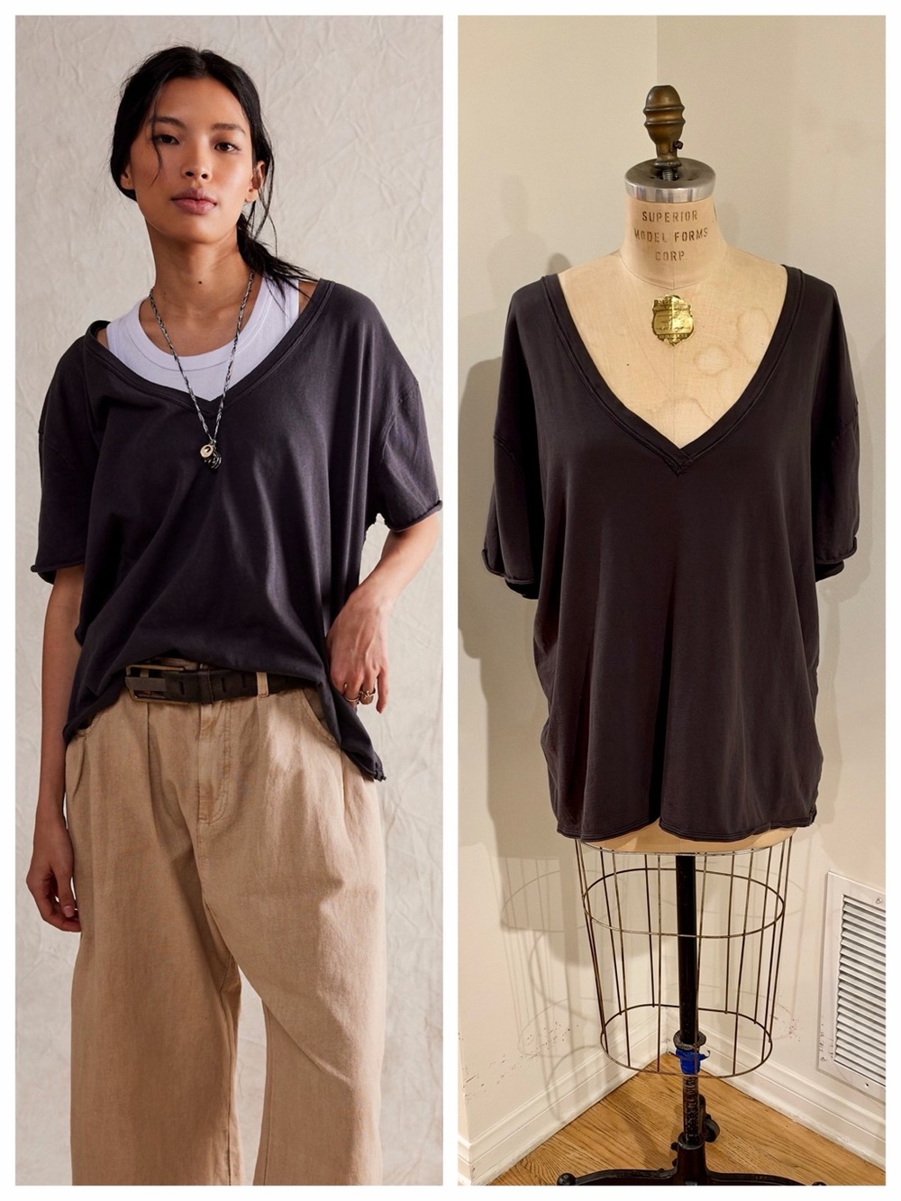 We The Free x FREE PEOPLE Nina V-Neck Tee in Black 100% Cotton, Lg